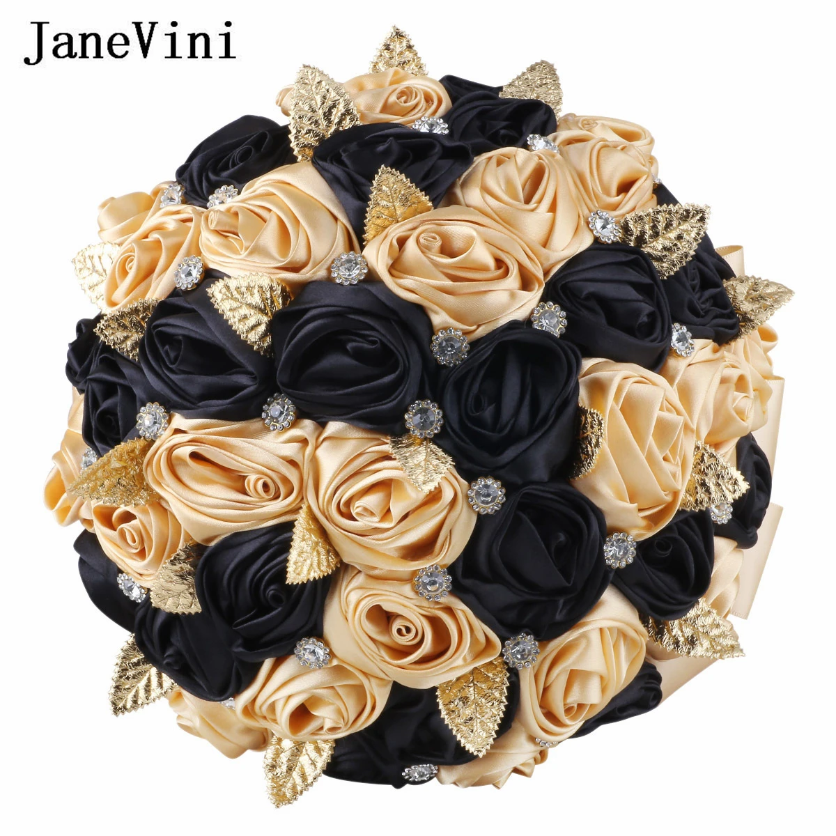 

JaneVini 2024 Newest Black and Gold Wedding Bouquet Beaded Leaves Handmade Bridal Flowers Bride Bouquet Ramo Artificiales Boda