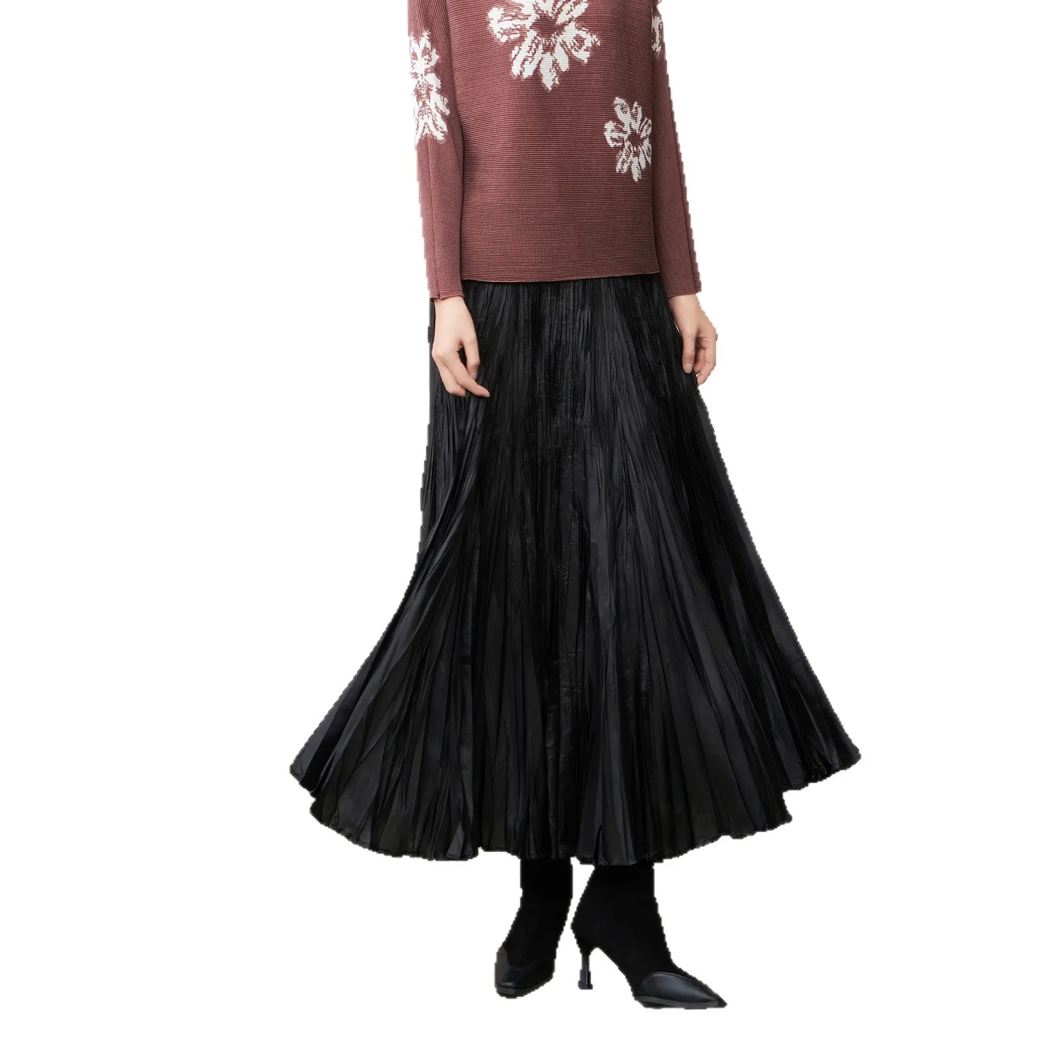 مياكي مطوي 2025 تنورة طويلة جديدة نصف الجسم تنورة الخريف جودة عالية مرونة الخصر فضفاضة كبيرة هيم ركاب تنوعا مطوي #5