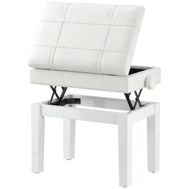 Banquette-tabouret pour piano avec coffre intégré, hauteur réglable, en bois d'hévéa, assise recouverte d'un revêtement synthétique blanc