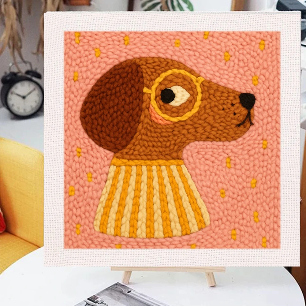 

25x25cm Lovely Dog Animal Pattern Punch Needle Embroidery Kit for Beginners Easy Embroidery Needlework Wool Home Decor