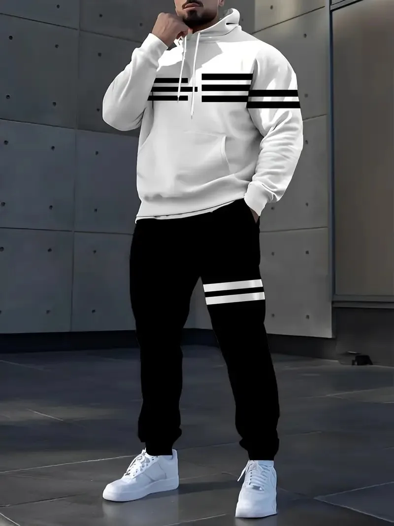2026 Autumn/Winter New Style Street Casual Fashion Comfortable Soft 3D Stripes Pattern Printed Men's Hooded Sweatshirt Set