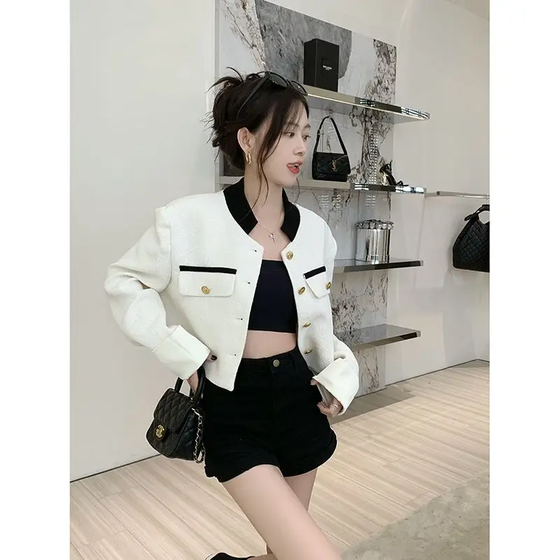 2023 New White Single Breasted Tweed Coat Casual Jacket Outwear Women Casual Blazer Coat Spring  Autumn Vintage Outerwear Top