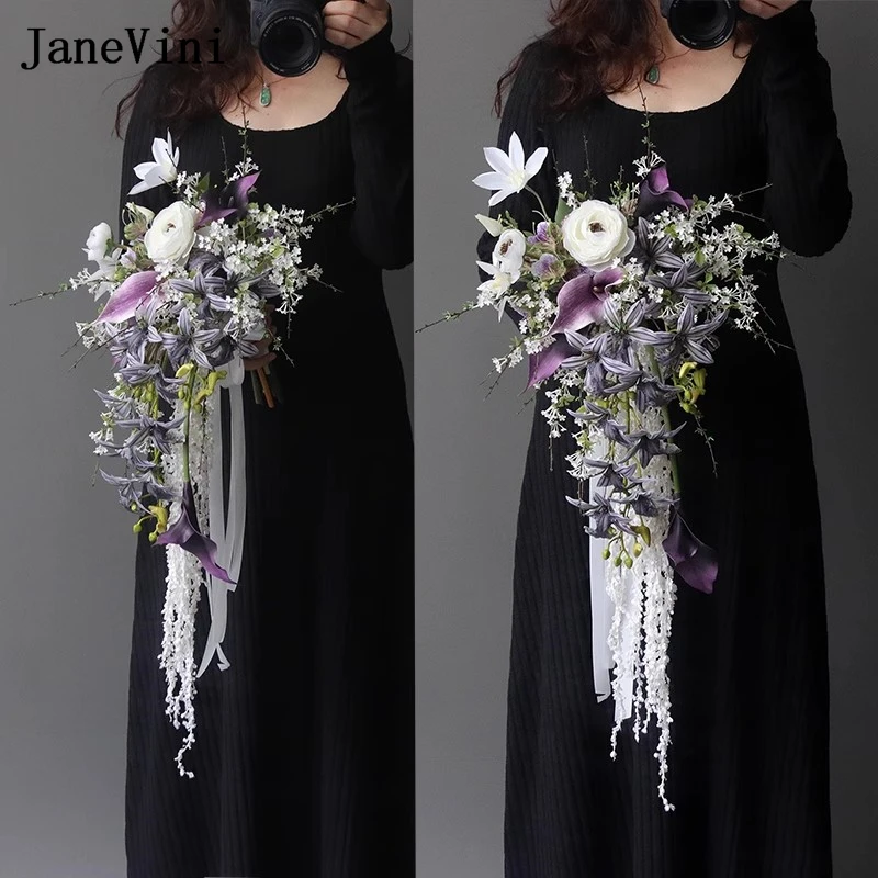 

JaneVini Vintage Natural Purple Cascading Wedding Flowers for Bride Artificial Waterfall Bridal Bouquets Boda hochzeit zubehör