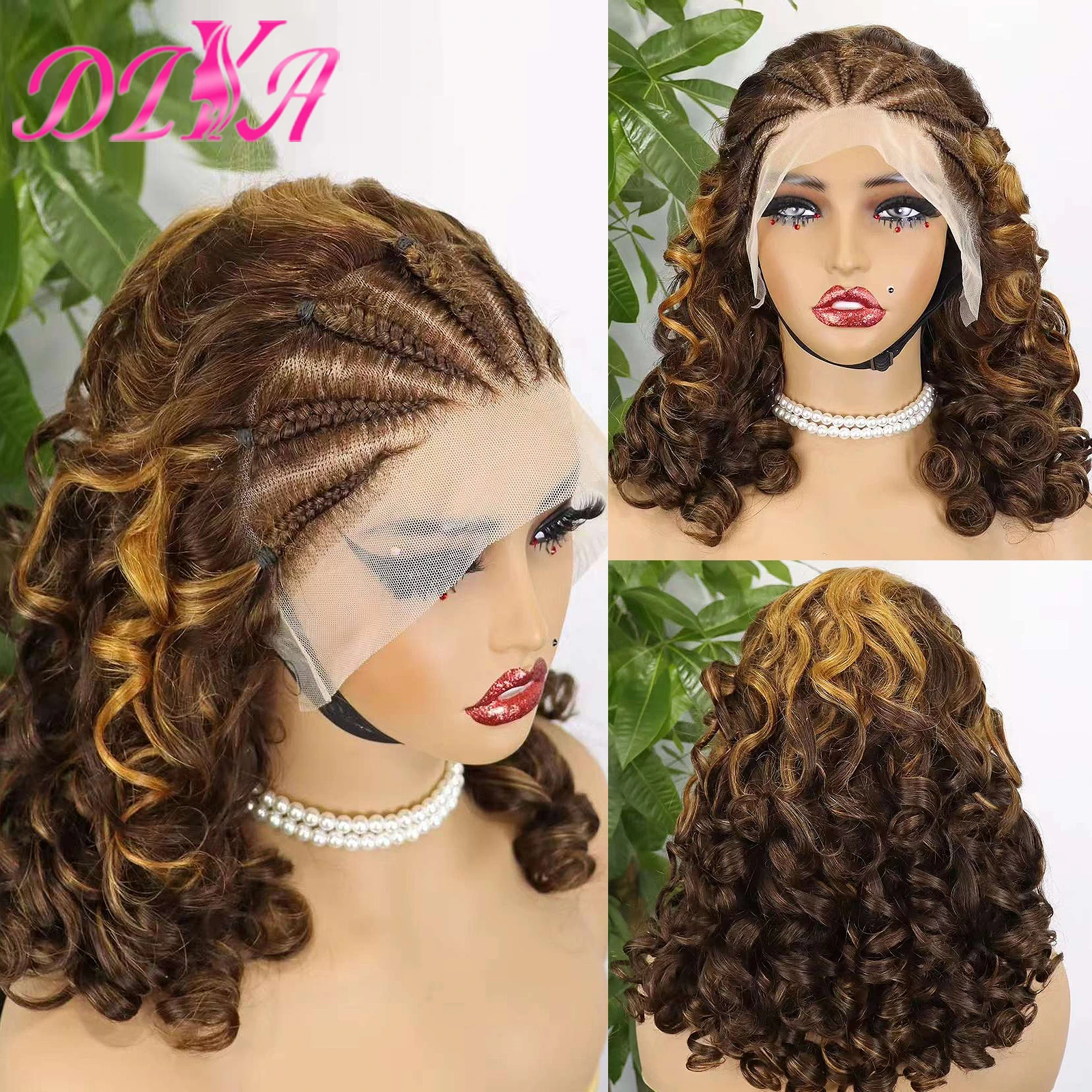 

250% Density Fumi Loose Wave Human Hair Wigs with Braids 13x4 Lace Frontal Highlight Bouncy Curly Hair Wigs for Black Women