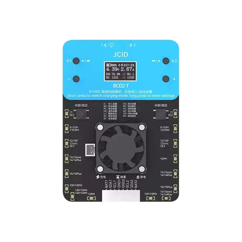 

JCID BC02-T Super Battery Health Cycler: Двухканальный зарядный ток 4А, инструмент для восстановления аккумуляторов iPhone 15, 14, 13, 12, 11, X, 8