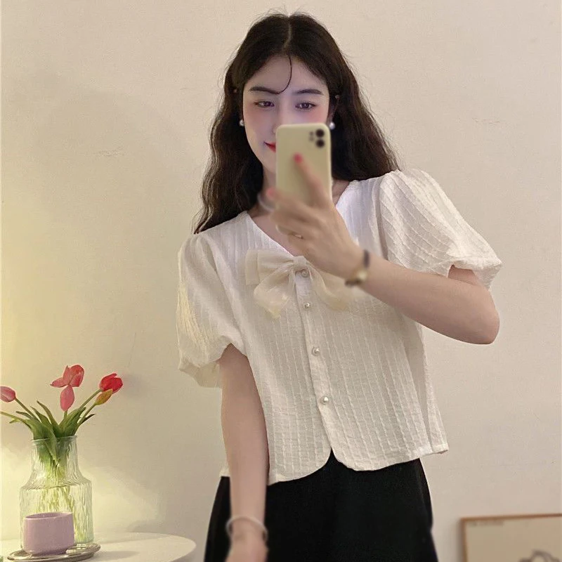 Summer Women\'s Short Sleeve T-shirts Fashion Sweet Style V-neck Bow Tie Bubble Sleeves