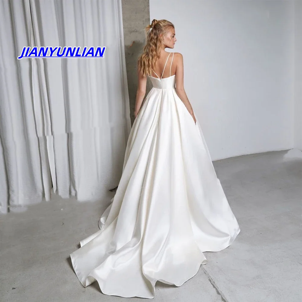 Customized Simple A Line Wedding Dresses Sexy V Neck Spaghetti Straps Bride Gowns Backless Sleeveless Satin Vestidos Novias Boda