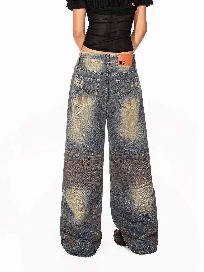 New American Retro Style Zipper Long Ripped Jeans Ladies Summer Design Wide-legged Soft Girls Mopping Trousers Women's Clothing