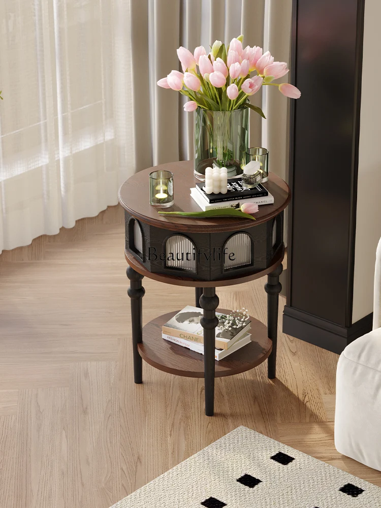 

American retro solid wood living room sofa edge removable creative bedside table small table art French high sense
