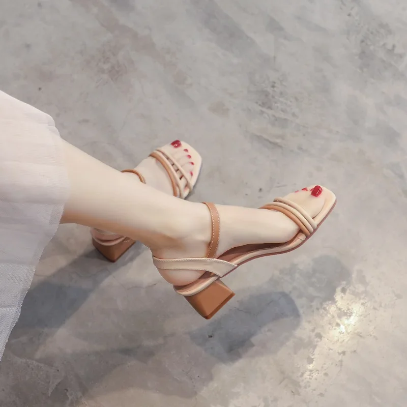 Fairy Style Square Head Color Contrast Open-toe Sandals Summer Thick Heel Fashion One-word Buckle Roman High Heel Women