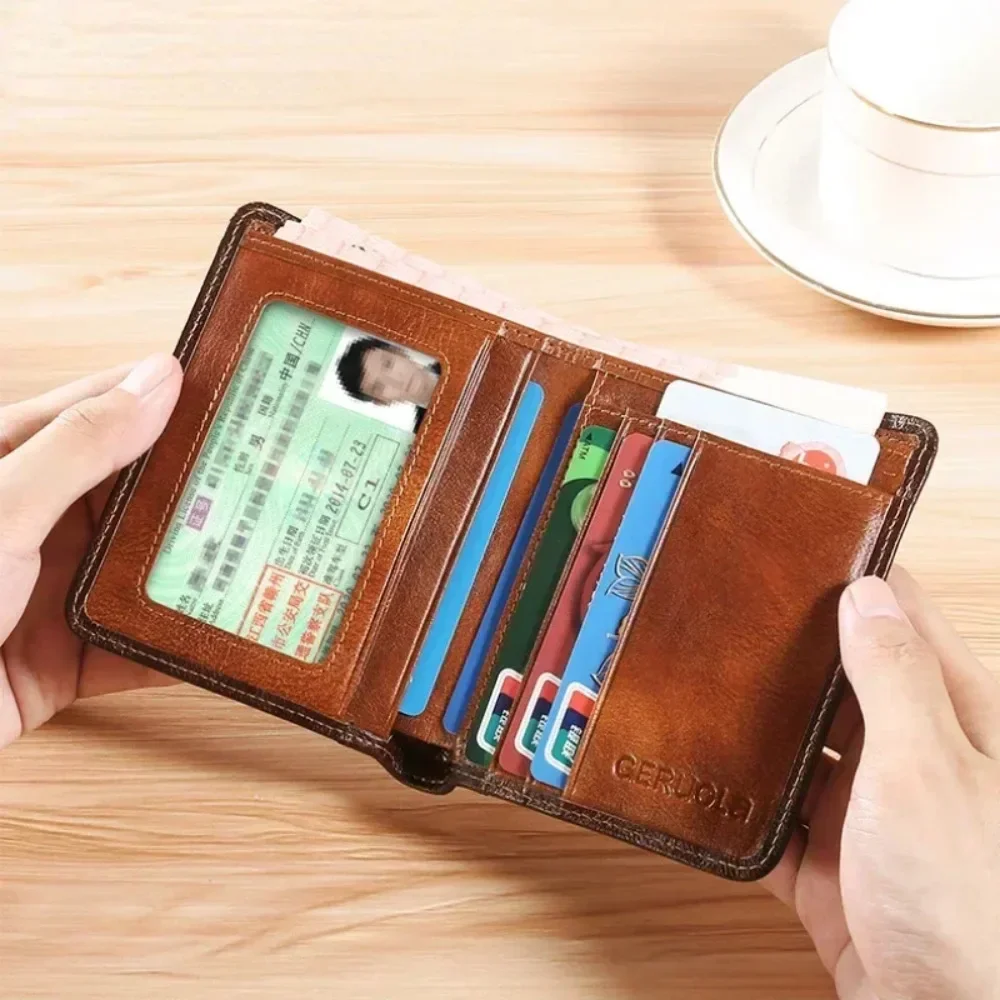 Men Wallet Genuine Leather Rfid Blocking Trifold Wallet Vintage Thin Short Multi Function ID Credit Card Holder Male Purse Money