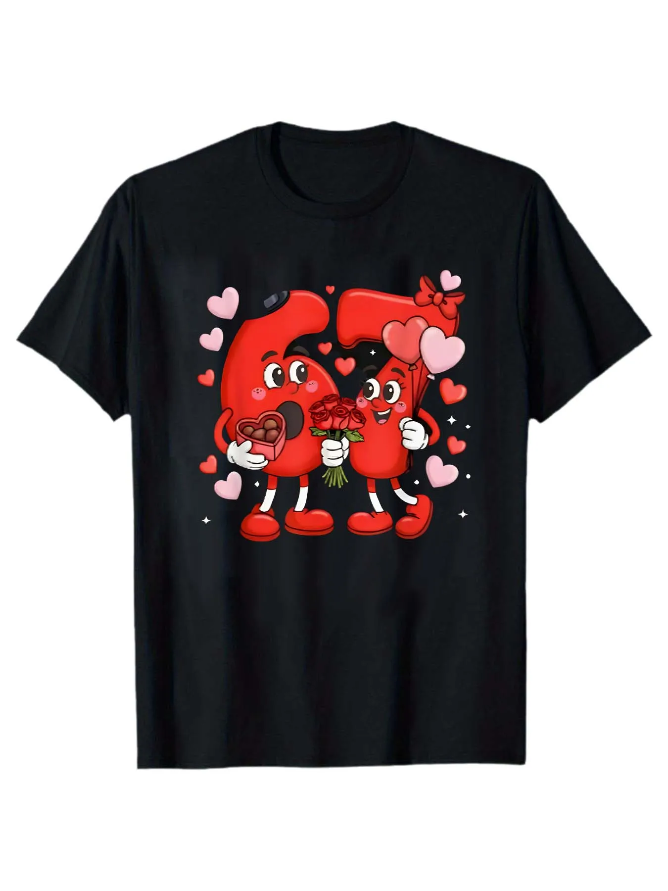 Valentine's Day 67 Number Cartoon Couple Print T-Shirt: Heart Rose Chocolate Element Unisex Casual Short-Sleeve