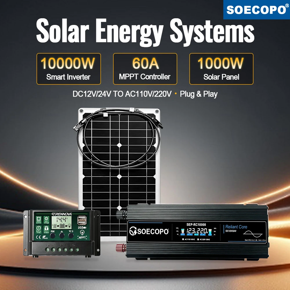 Plug & Play Solar Kit 10000W Inverter DC12V/24V AC110V/220V + 1000W Solar Panel + 60A MPPT Controller RV Camping Outdoor Backup