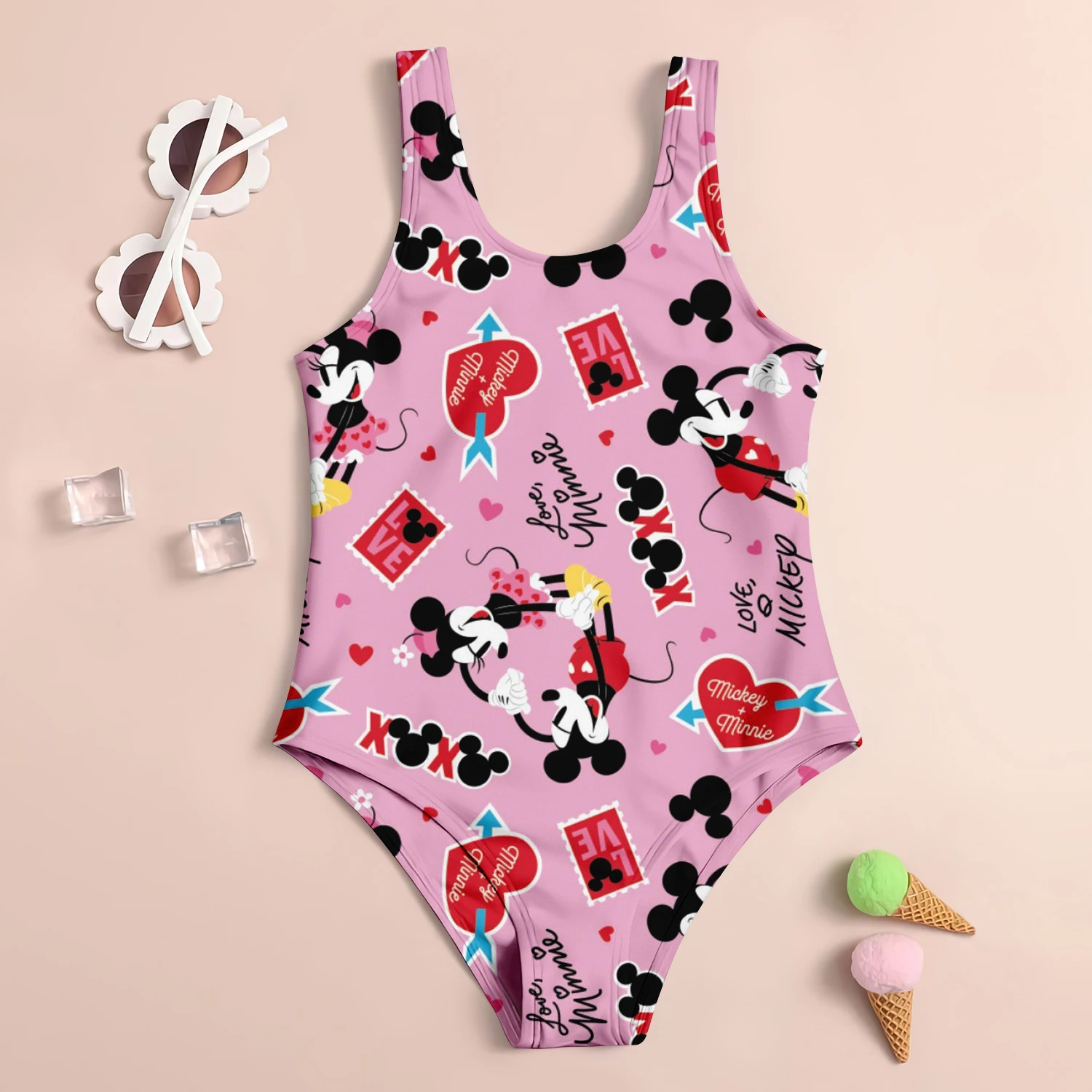 MINISO Disney Mickey Mouse Girl Swimsuit Children\'s Swimsuit 3D Cartoon Print Cute Sand Swimsuit Fashion Children\'s Clothing