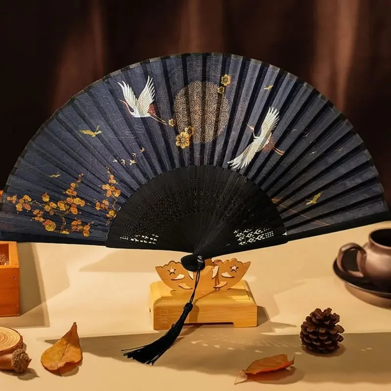 Chinese Retro Crane Folding Fan Vintage Silk Hand Fan with Tassel Oriental Decorative Fan for Wedding Party Cosplay