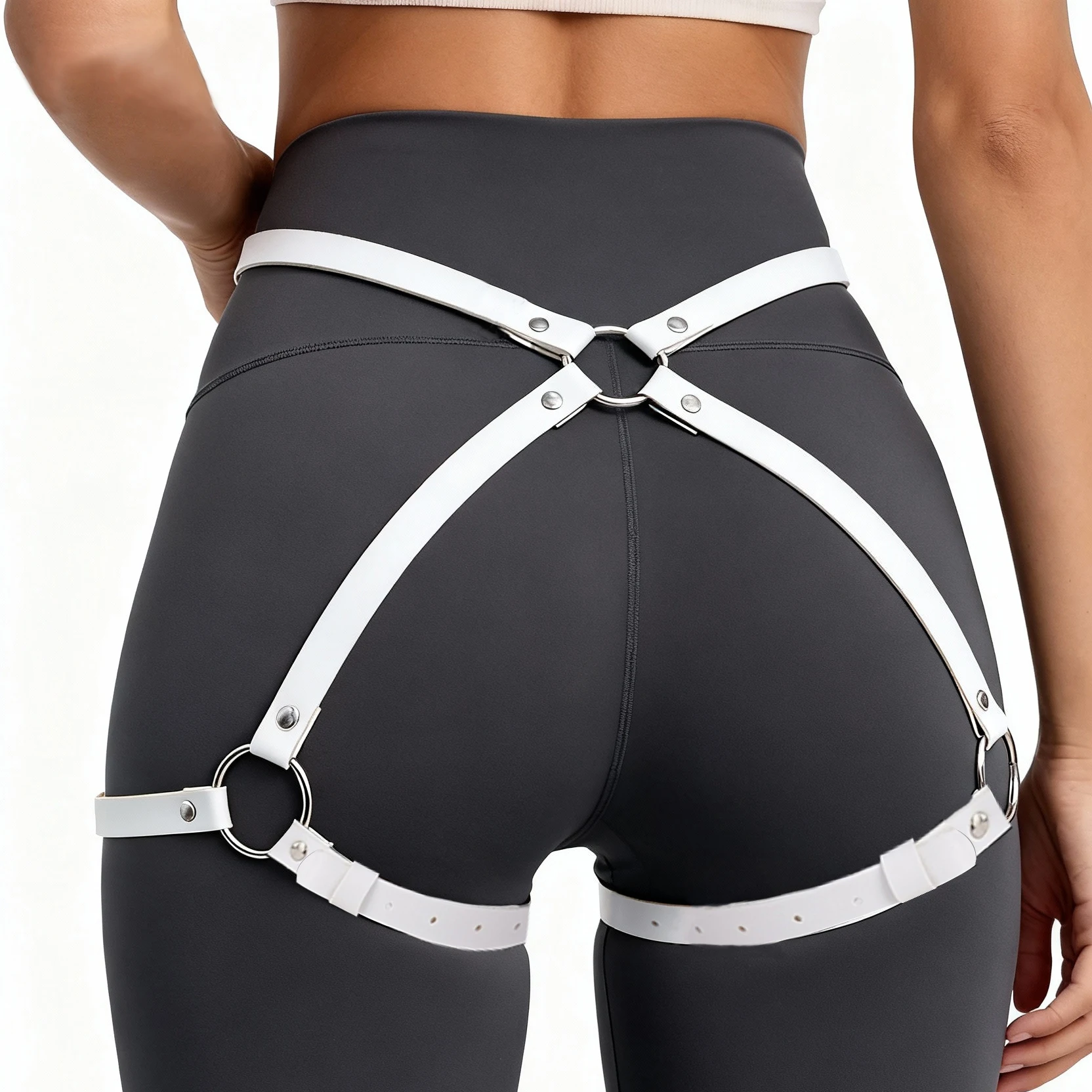 Goth Punk PU-Leder Bein-Harness, Strumpfband und Po-Harness, Modischer Harness-Gürtel, Accessoires für Party und Dating – Detail 11