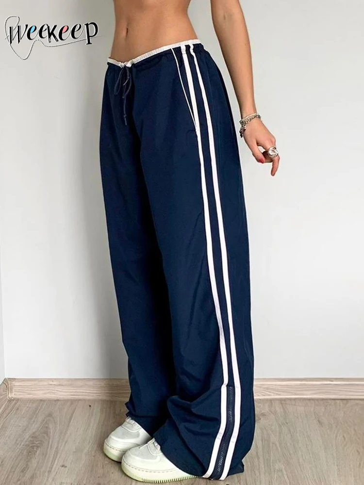 

Weekeep Side Striped Print Trackpants Casual Drawstring Low Rise Women's Sweatpants Streetwear y2k Baggy Straight Trousers Basic