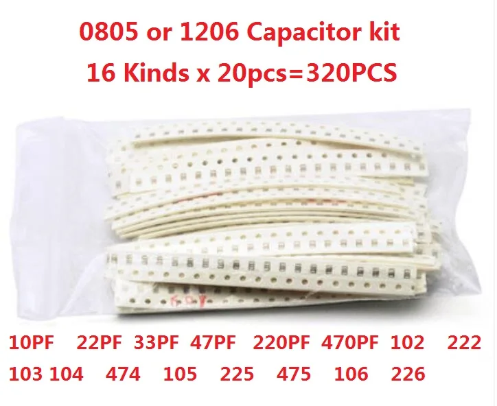 0805 1206 Zestaw kondensatorów ceramicznych SMD 10PF do 22UF 16 wartości * 20 sztuk = 320 sztuk 102 222 103 104 474 105 225 475 106 22/33/47/220/470PF