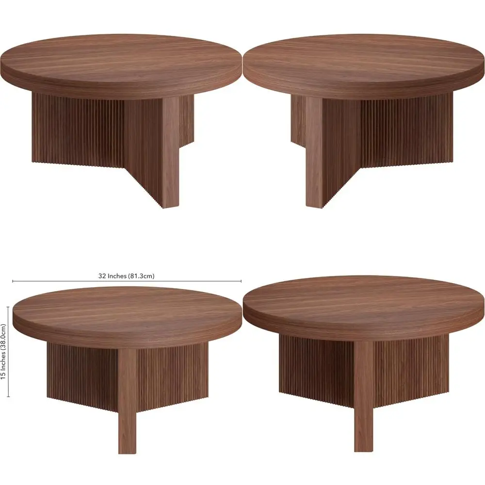 

Round 32-Inch Fluted Wood Coffee Table for Living Spaces, Family Rooms, Offices, and Apartments - Low-Profile Design, Satin Waln