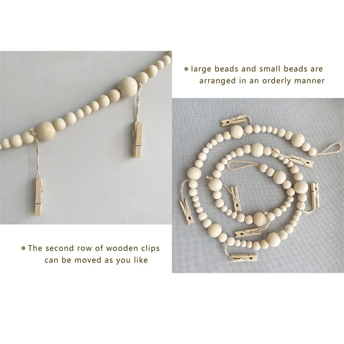 Abjs 3 peças de decoração de parede para exibição de fotos, boho, guirlanda de contas de madeira, moldura de colagem com 7 clipes de madeira para casa, escritório