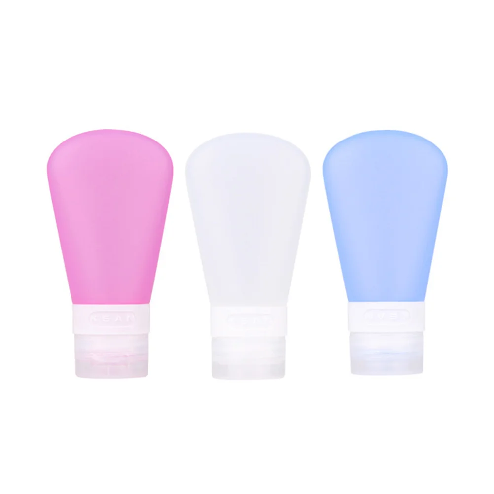 3pcs Portable Travel Bottles Set Soap Dispensers Silicone Bottles Countertop Lotion Containers 37ml (Pink + Blue + Transparency)