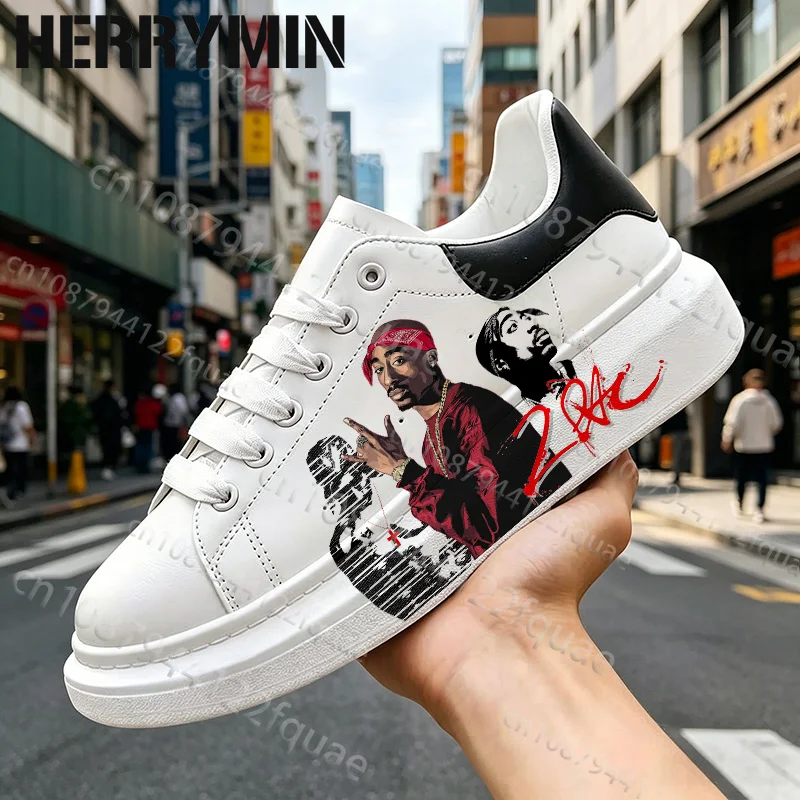 Picture 4: New Hot Rapper 2Pac Men's Lace Up Running Shoes Exclusive Print Design Unisex Adult Couple White Shoes Man Woman Size 35-44