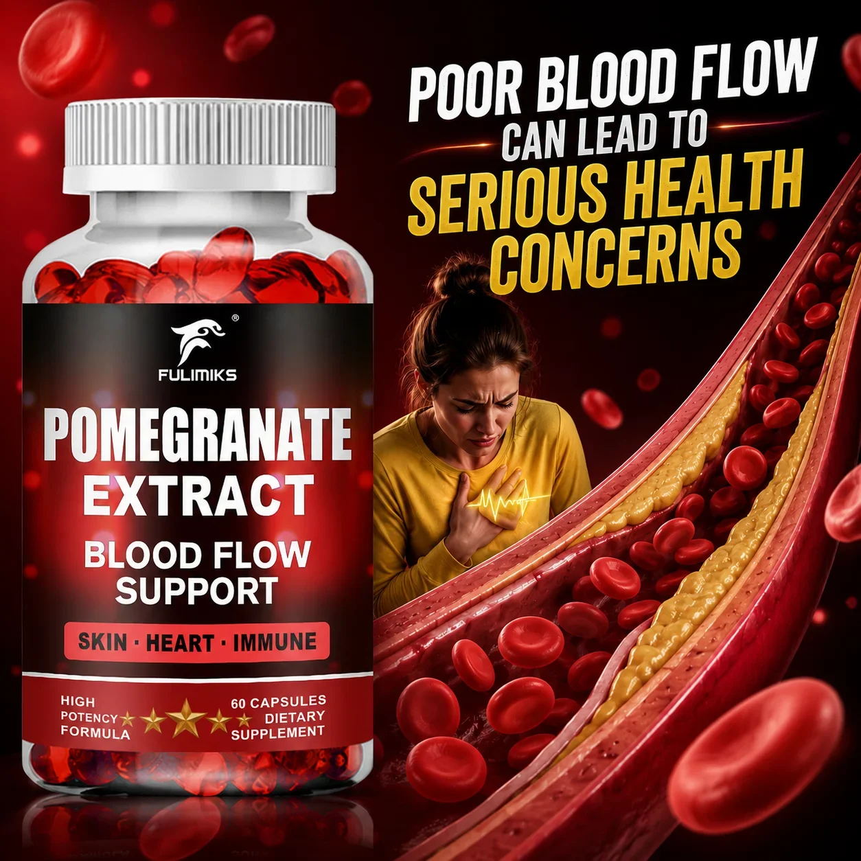 Pomegranate Extract Capsules, with Coenzyme Q10 Resveratrol, Support Heart & Brain, Blood, Cardiovascular, Skin Health, Immune