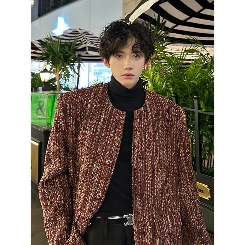 Round Collar Tweed Blazers Cardigan Men\'s Autumn Collarless Short Jacket Korean Style Chic Fashion Elgance Coat Handsome Jackets