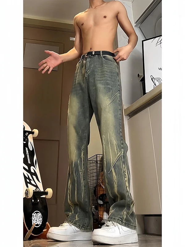 

Washed Denim Gradual Stripe Men's Straight Leg Jeans Slimming Micro Flared Pants American High Street Vibe Casual Autumn Jeans
