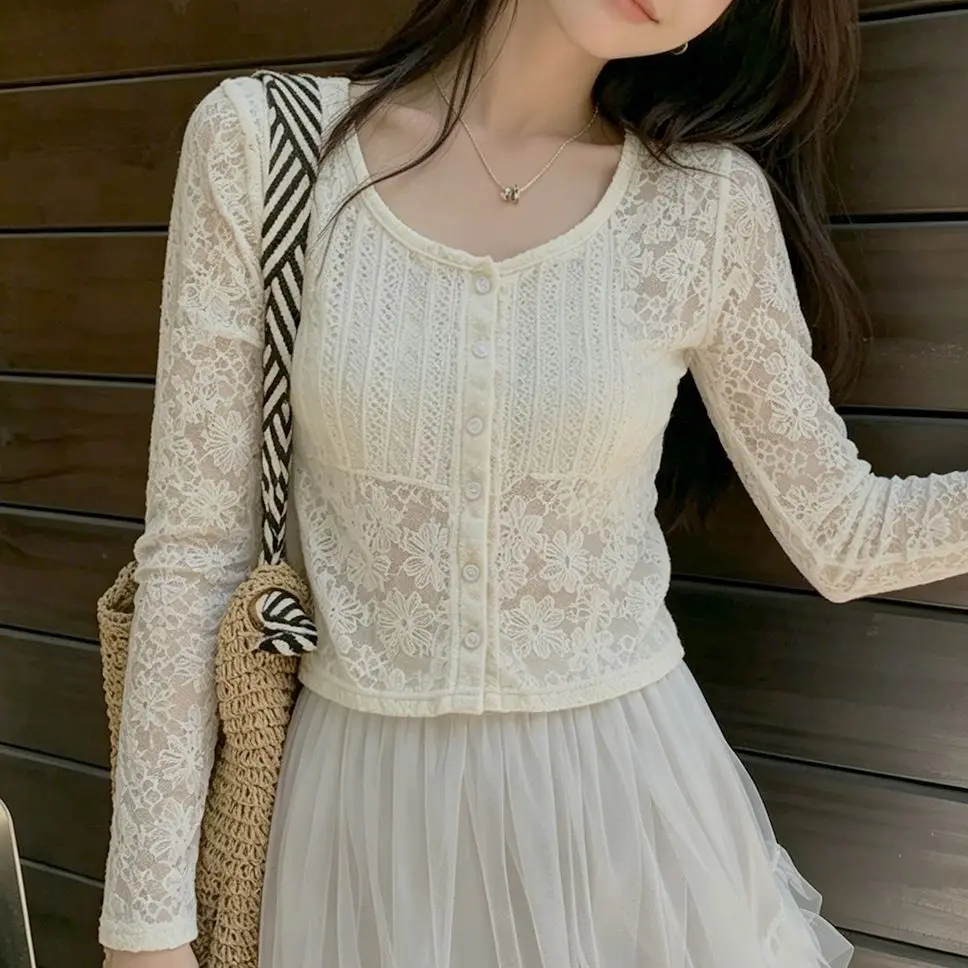 Soft Lace Texture Short Fit Sleeve Long Summer Casual Outerwear Women's Pure Color See through Cardigan Breathable Yoga Cover up