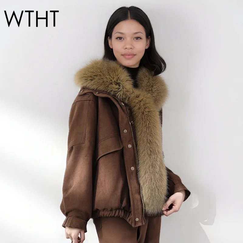 

WTHT 2025 Winter New Fashion Women's Spliced Plush Collar Loose Quilted Jacket Trendy Long Sleeves Warm Coat Female 1LS2715
