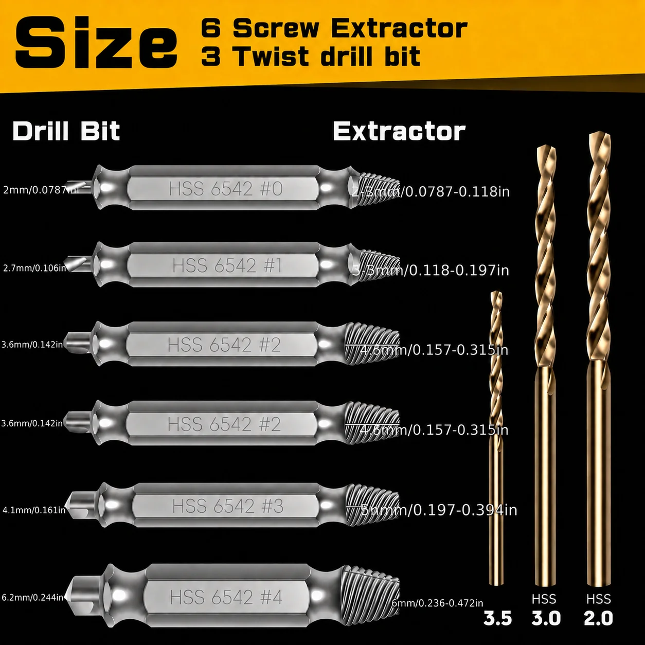 9PCS HSS 6542 Damaged Screw Extractor Set, 65HRC Double Ended Remover Bits with 3 Twist Drill Bits for Broken Screws