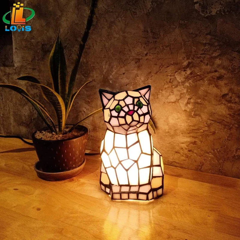 European-style Cat Animal Night Light Tiffany Glass Hand-welded Craft Birthday Gift Bedroom Bedside Decorative Sleep Lamp