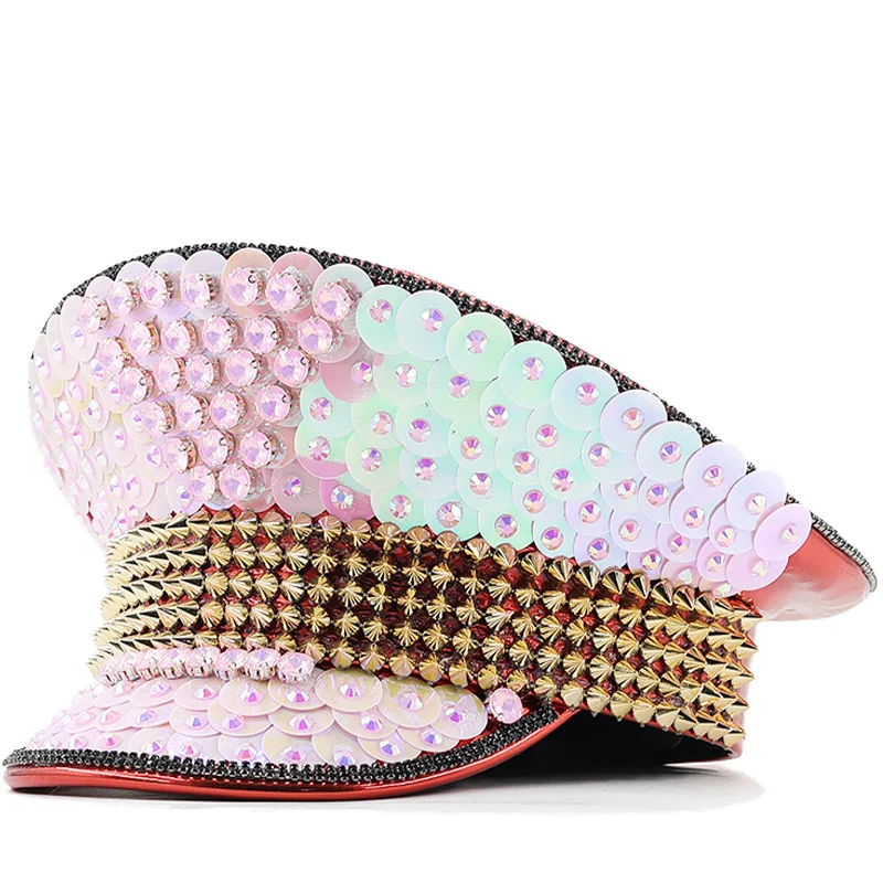 

Women's Wedding Hat Pink Sequin Diamond Photography Hat Peaked Hat Party Carnival Flat Hat Performance Hat
