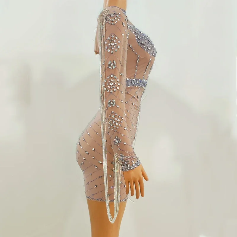 Nowa Sukienka z Frędzlami na Rękawach, Cyrkoniami, Damska Sukienka na Imprezę, Kostium na Świętowanie, Wieczorowa Sukienka na Bal, Strój Sceniczny dla Piosenkarki, na Festiwal, XS7023