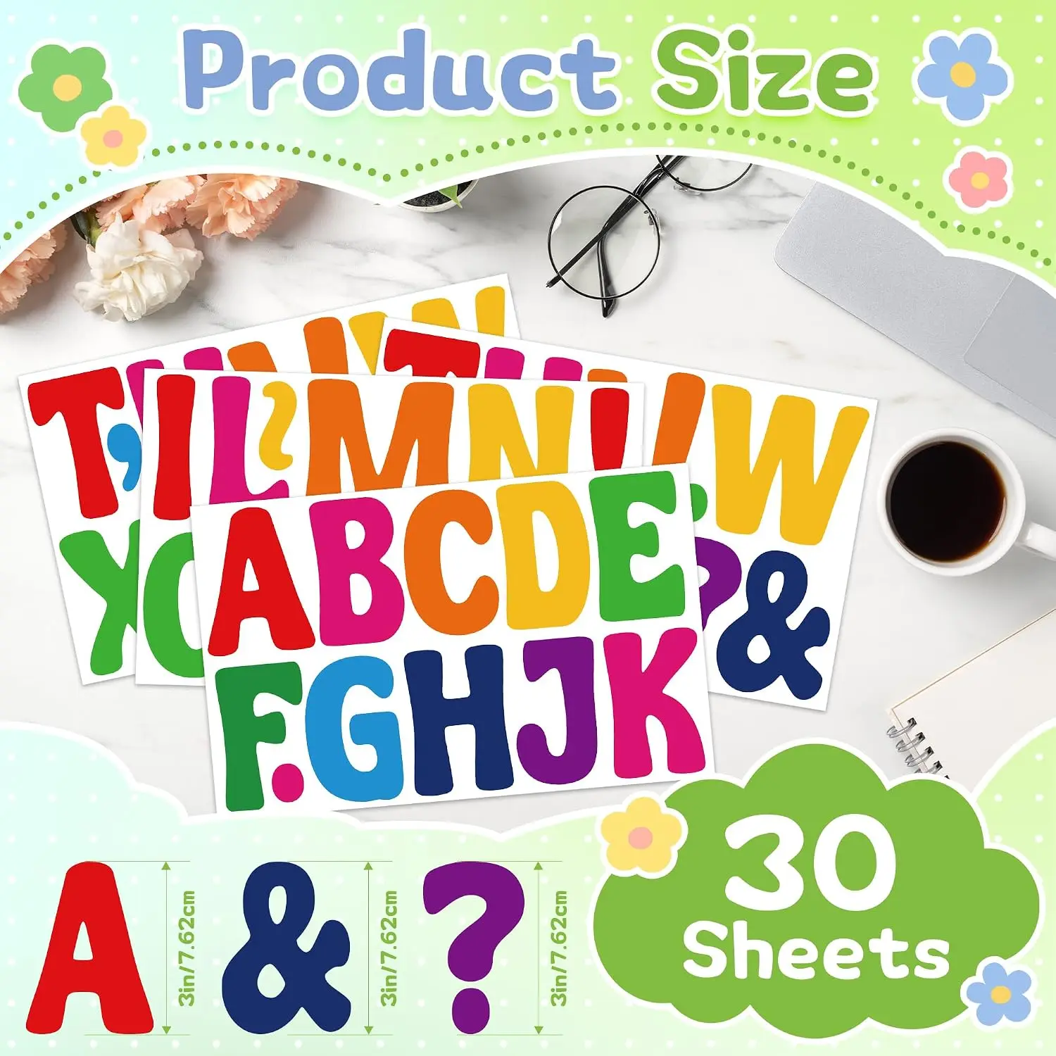 380Pcs Bulletin Board Letters, Colorful 3 Inch Self‑Adhesive Vinyl Alphabet Stickers for Poster Board Mailbox Home Classroom