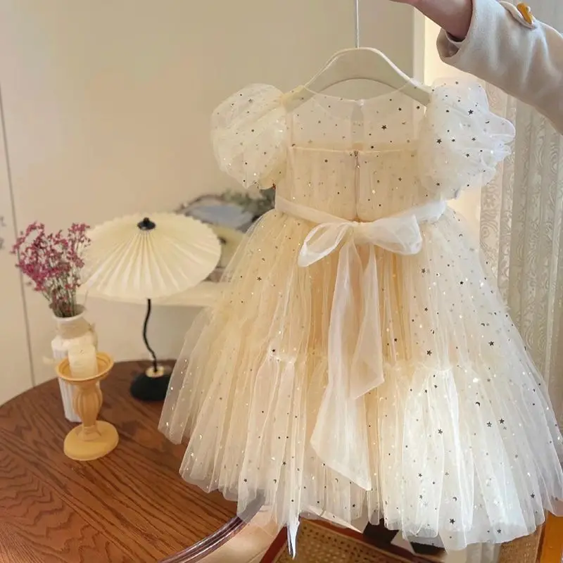 Sommerkleider Mädchen Elegantes Kleid Mädchen Baby Blase Ärmel Mesh Pailletten Kleid Temperament Prinzessin Party Kurzarm Kleid – Detail 4