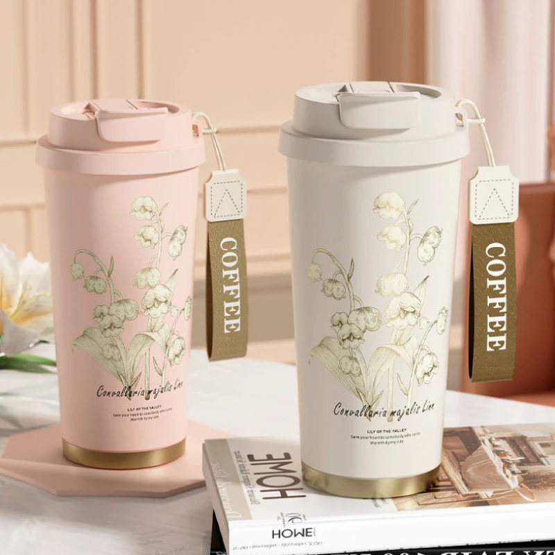 

Youpin Flower Print Vacuum Cup Stainless Steel Double Drinking Mouth Portable Straw Cups Coffee Ceramic Coating Insulated Cup