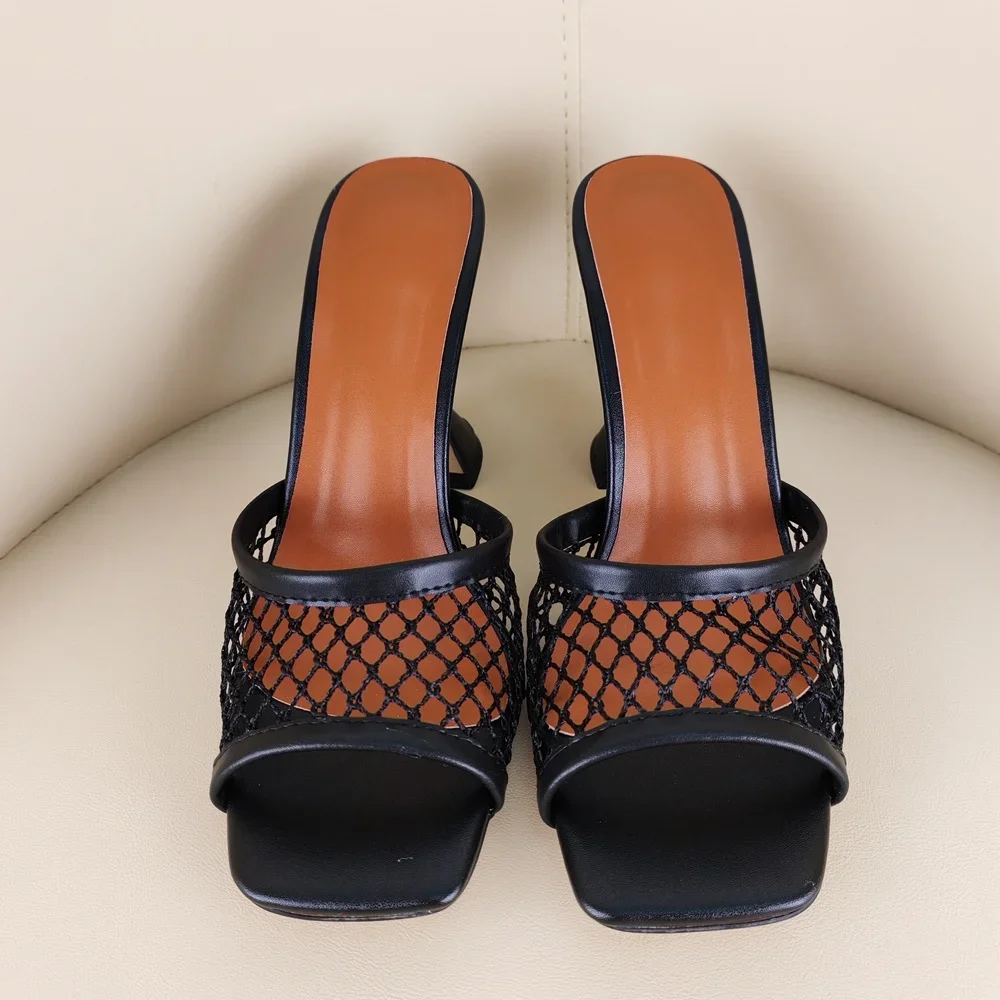 Mesh Panel Women Shoes Flared Heel Mules Square Open Toe Slip  Black Leather Summer Daily Slippers Party Luxury Fashion Sandals