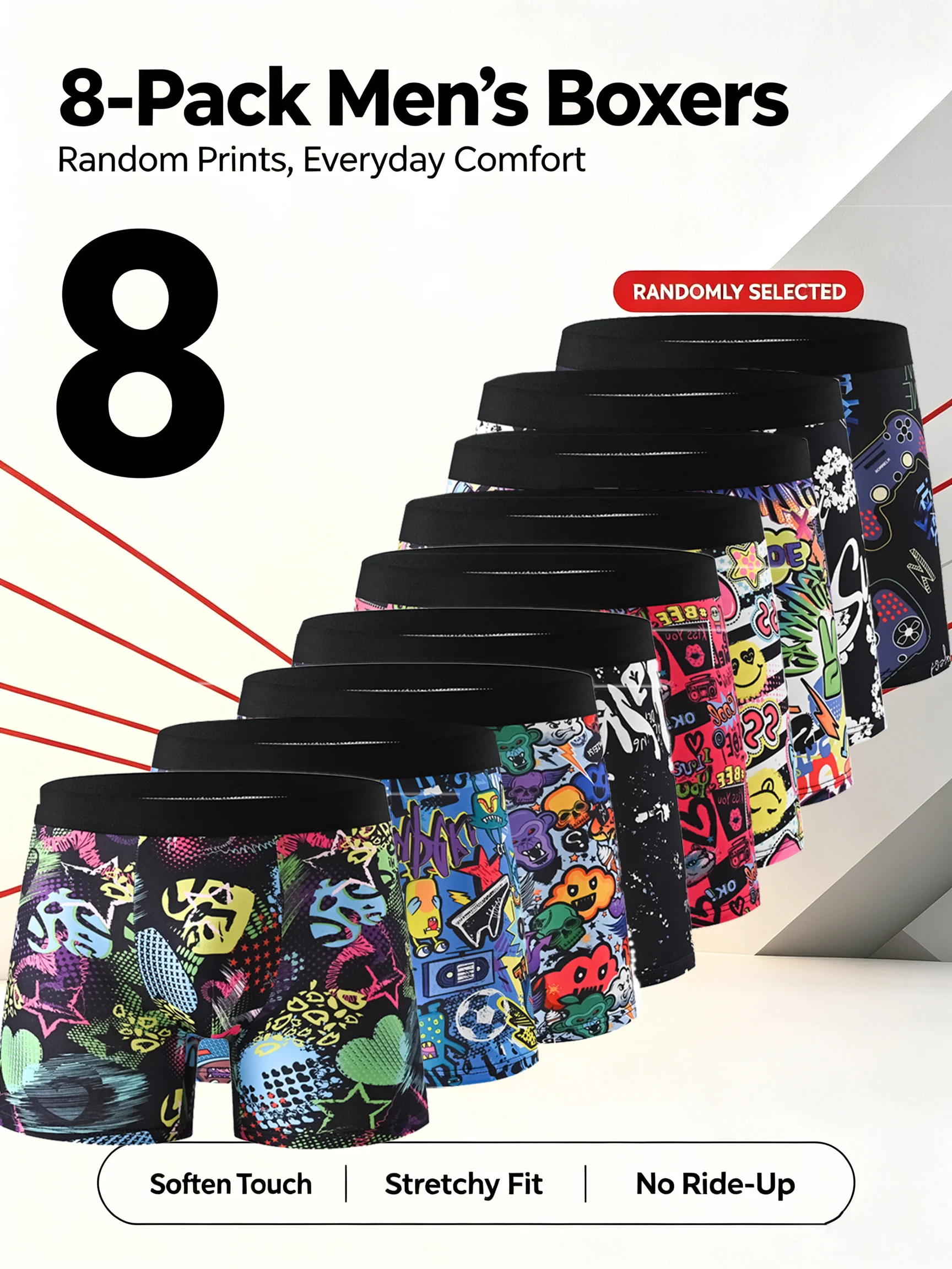 10-Pack Men's Cool Graffiti Print Boxer Shorts High Elasticity Skin-Friendly Comfortable Waist Multicolor Random Delivery Daily
