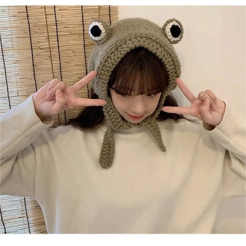 Ladies Fashion Cute Knitted Frog Hat Warm Knitted Women Beanie Hat Korean Style Warm Hat Cap Winter Season