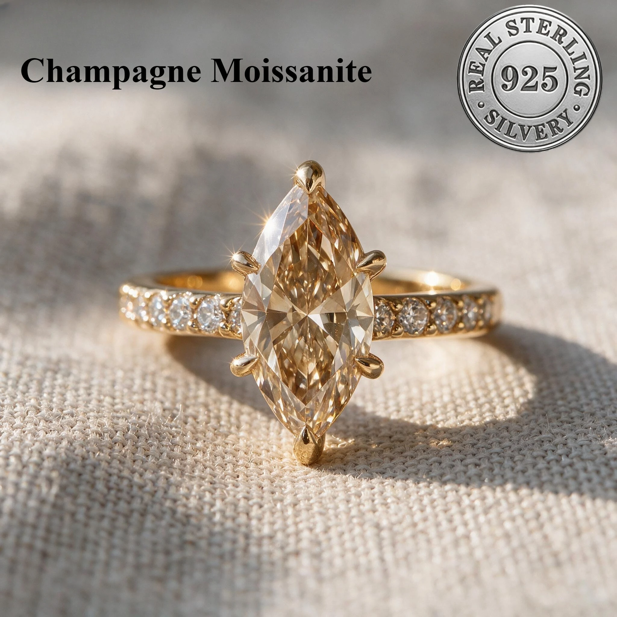 1 /2/3/5ct champagne moissanite marquise cut ring S925 silver D white moissanite 6prong vvs1 ring eternal  band for RING  women