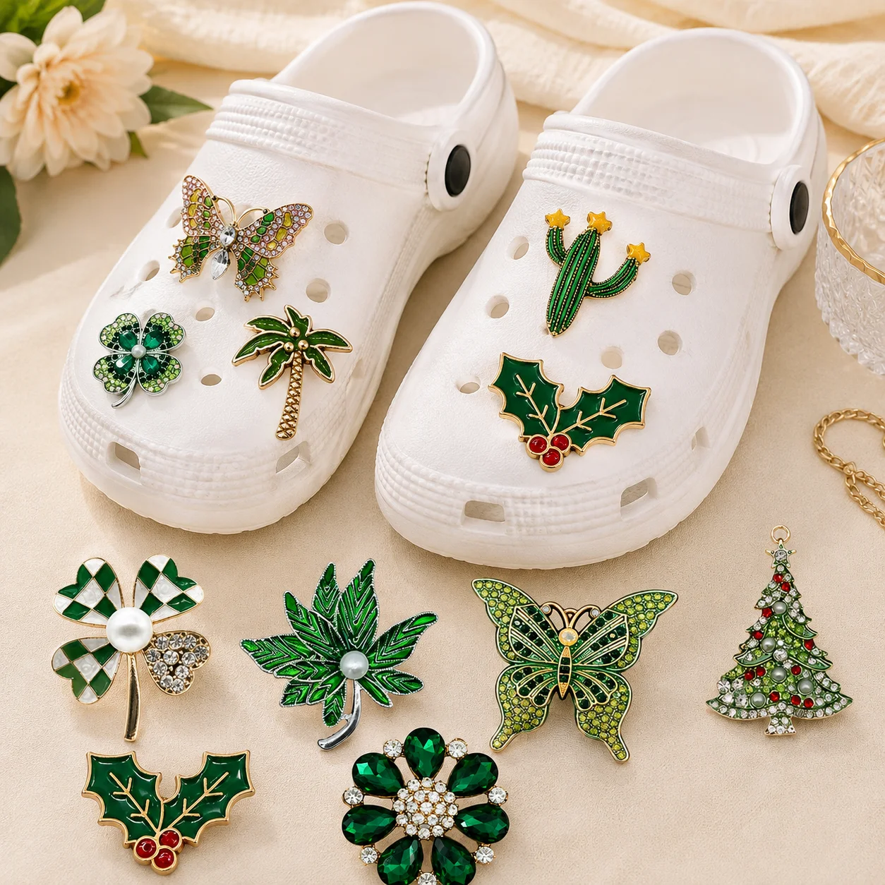 1/10PCS Green Metal Shoe Charms Set Rhinestone Butterfly Cactus Clover Christmas Tree Detachable Pins Nature Glam Acceessories