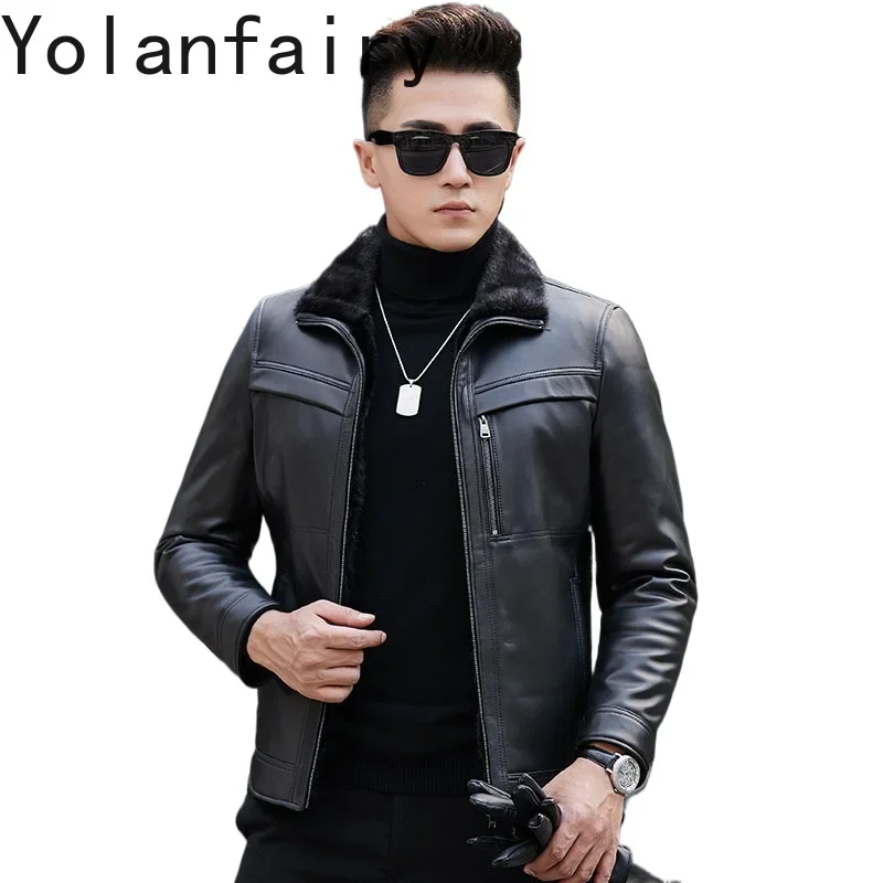 

YOLANFAIRY Leather Mens Jacket Genuine Sheepskin New in Jackets Winter Short Mink Inner Coats Lapel Men's Clothing Fashion