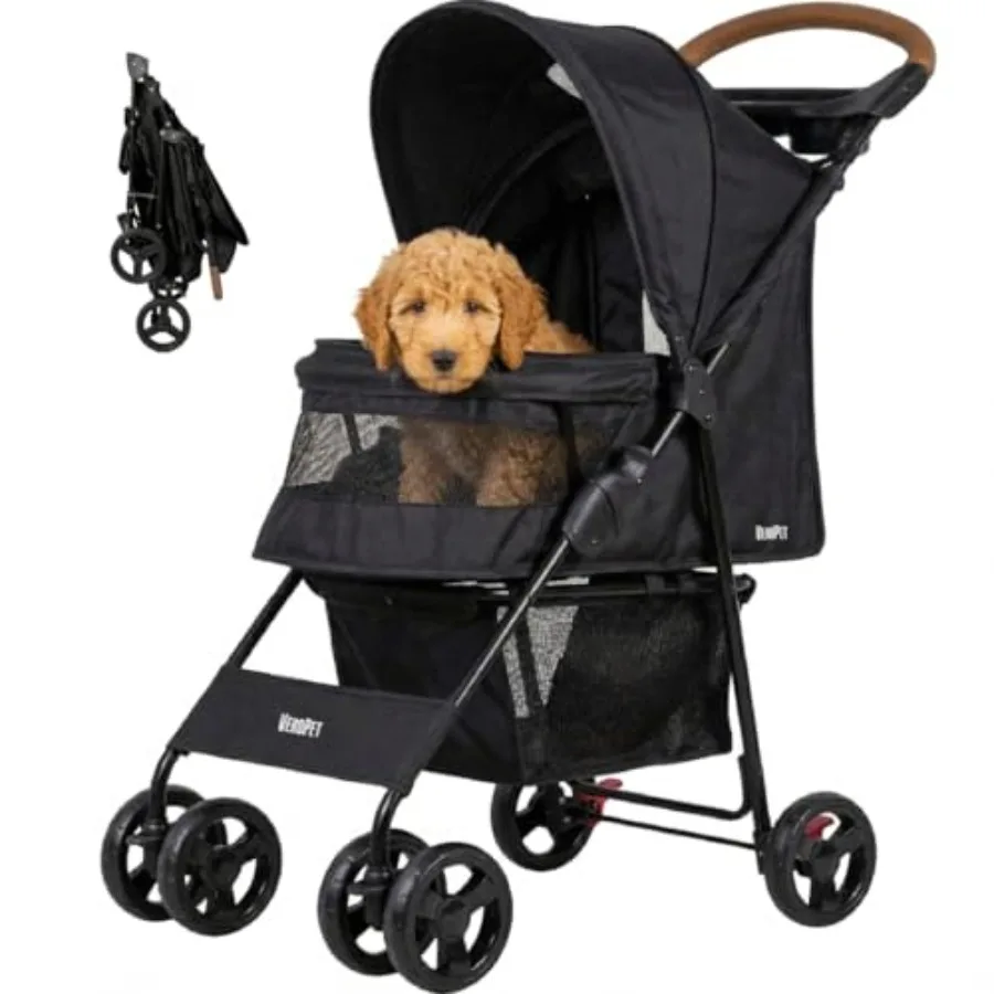 Pet Stroller for Small Dogs Cats, Foldable Pet Stroller with Breathable Mesh, Storage Basket Cup Holder, Lightweight 4-Wheel Do