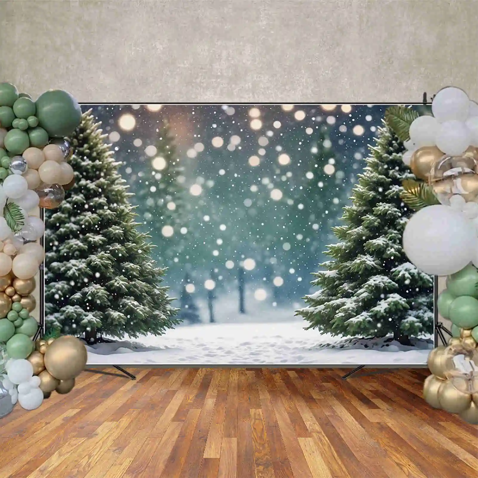 MOON.QG 2024 Christmas Pine Tree Backdrops Snow Winter Bokeh Children Outdoor Background Custom Party Decor Photography Supplies