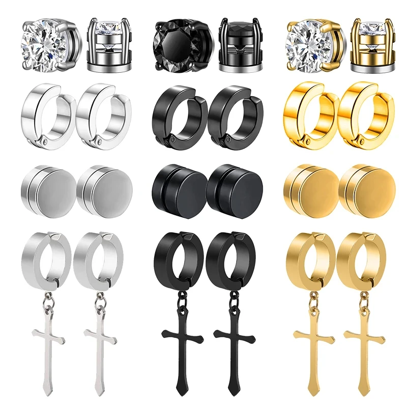 1/12 Pairs Magnetic Stud Earrings Stainless Steel Non Piercing Cross Dangle Hoop Earrings Unisex Clip on CZ Magnet Earring Set