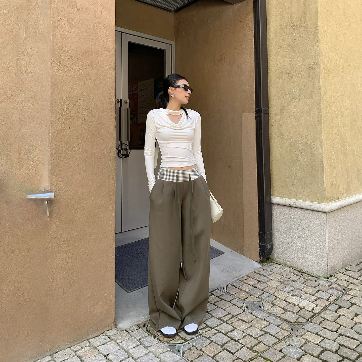 

Коричневые полосатые брюки-пэчворк на шнурке для женщин, осенне-зимние, повседневные, для создания стройного силуэта