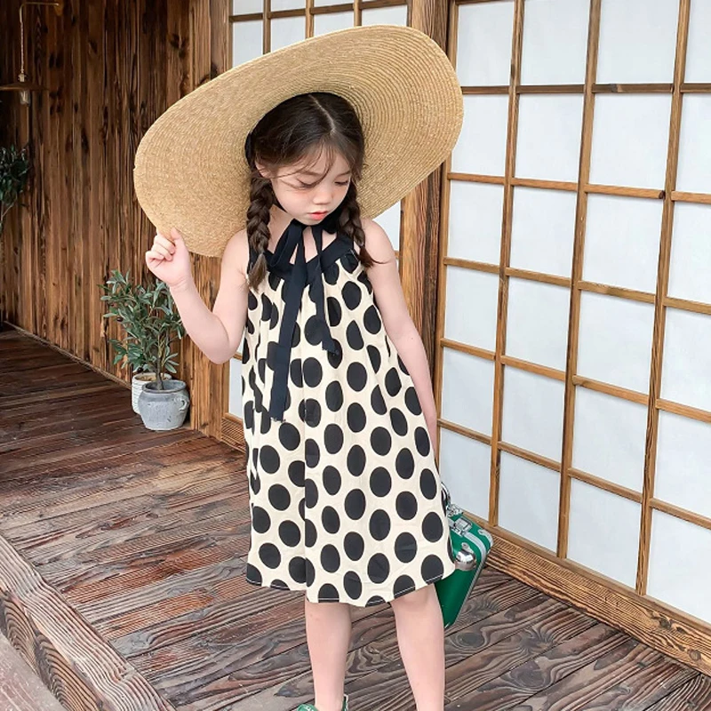 Summer Girls Dress Polka Dot V-Neck Sleeveless Dress Princess Dress 2022 New Children\'S Clothing Fashion Baby Kids Clothes