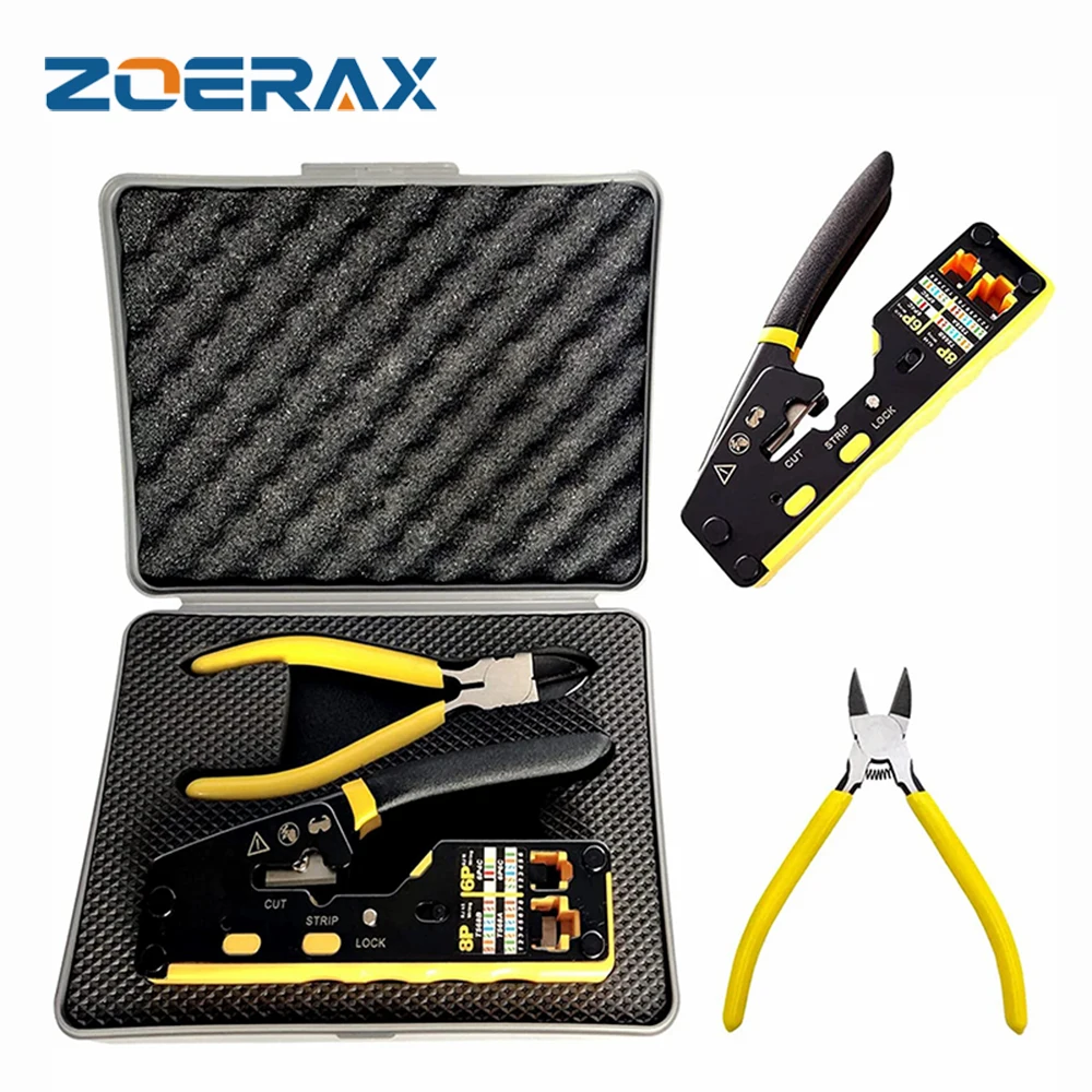 ZOERAX RJ45 Cat6 Cat5 Cat5e مجموعة أدوات تجعيد إيثرنت مجموعة أدوات تجعيد مع قاطع أسلاك مدمج حاد للغاية